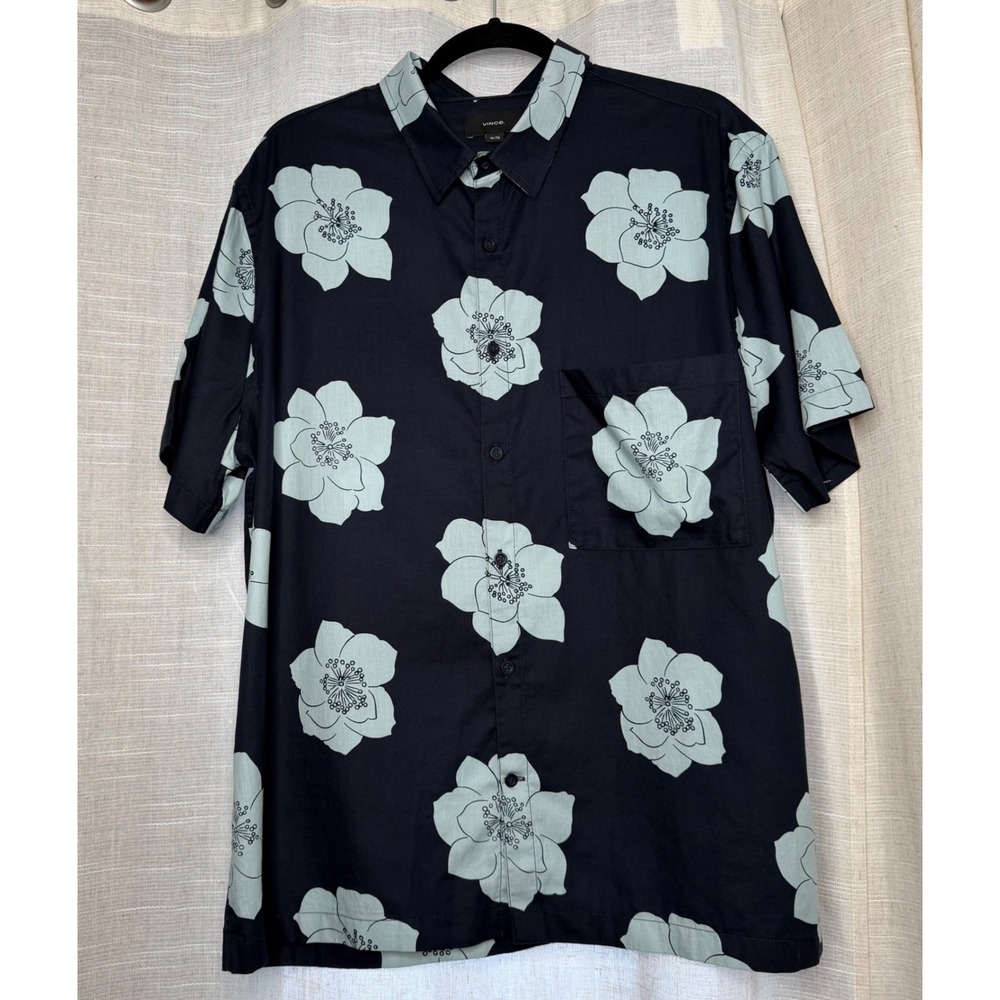 NWT Vince Apple Blossom Floral Sport Shirt Blue Short Sleeve Men's Size XL